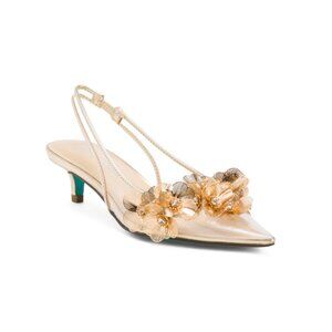 BETSEY JOHNSON Gold Robin Slingback Heels With Floral Embellishments